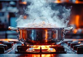 ai gerado chefe de cozinha cozinhando com vapor panela em fogão foto