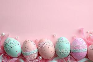 ai gerado Páscoa ovos adornado com renda e pérolas em pálido Rosa fundo foto