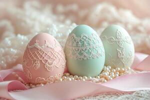 ai gerado Páscoa ovos adornado com renda e pérolas em branco renda fundo foto