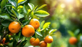 ai gerado citrino galhos com orgânico maduro fresco laranjas tangerinas crescendo em galhos com verde sair fundo foto