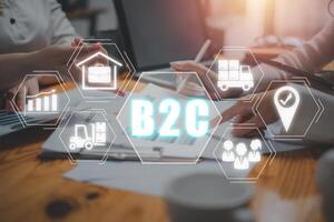 b2c, o negócio para cliente conceito, o negócio equipe analisando renda gráficos e gráficos em o negócio papel com o negócio para cliente ícone em virtual tela. foto