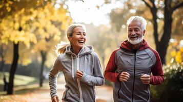 ai gerado sorridente Senior casal correndo dentro a parque. Esportes Atividades ginástica exercícios para idosos pessoas foto