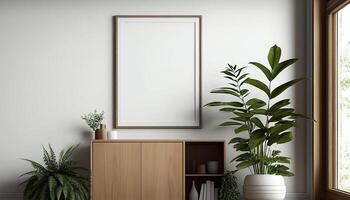 ai gerado cenário quadro, Armação em parede dentro moderno vivo quarto ,zombar acima interior, generativo ai foto