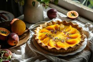 ai gerado fresco cozido manga e paixão fruta bolo. caseiro doce Comida conceito. generativo ai foto