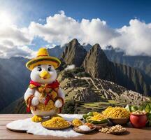 ai gerado engraçado boneco de neve com milho em de madeira mesa dentro frente do montanha fundo foto