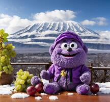 ai gerado roxa brinquedo Urso mascote com uvas e mt. Fuji dentro a fundo foto