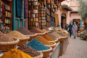 ai gerado uma colorida e característica bazar do perfumado especiarias. Marrocos, marrakech foto