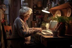 ai gerado a inteligente idosos mulher senta às casa às dela computador e estudos. foto