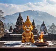 ai gerado Buda estátua com fogo dentro a têmpora do borobudur, Java, Indonésia foto