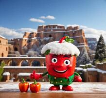 ai gerado vermelho Pimenta mascote personagem dentro frente do Coliseu dentro Roma, Itália foto