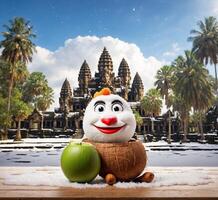 ai gerado coco com boneco de neve dentro frente do Angkor o que, Camboja foto