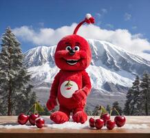 ai gerado cerejas mascote personagem em a fundo do coberto de neve montanhas foto