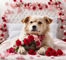 ai gerado fofa dourado retriever cachorro deitado em cama com vermelho rosas foto