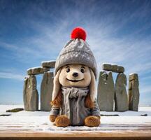 ai gerado fofa cachorro dentro chapéu e cachecol sentado em neve com stonehenge dentro fundo foto