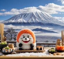 ai gerado engraçado Sushi mascote personagem japonês Comida com mt. Fuji fundo foto