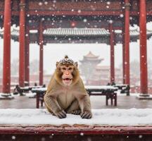 ai gerado macaco sentado em a neve dentro a proibido cidade, Pequim, China foto