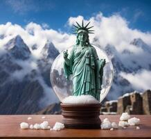 ai gerado estátua do liberdade dentro cristal bola com neve em de madeira mesa sobre Nevado montanhas fundo foto
