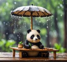 ai gerado panda Urso com guarda-chuva em de madeira mesa dentro chovendo dia, estoque foto