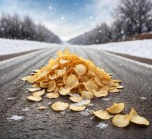 ai gerado crocantes batata salgadinhos em a asfalto estrada dentro inverno panorama. foto