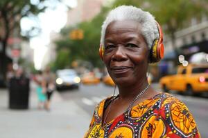 ai gerado fechar-se retrato do a idosos africano americano mulher vestindo fones de ouvido em uma cidade rua foto