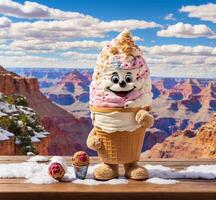 ai gerado engraçado gelo creme mascote dentro waffle cone em mesa, grande desfiladeiro nacional parque, arizona, EUA foto