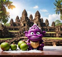 ai gerado engraçado mangostão mascote personagem com Angkor o que, siem colher, Camboja, sudeste Ásia dentro fundo foto