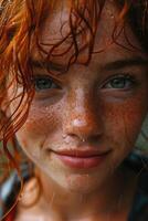 ai gerado retrato do uma jovem ruivo mulher em uma rua fundo. grandes encaracolado vermelho cabelo foto