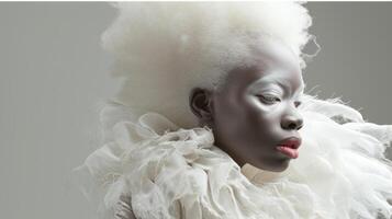 ai gerado retrato do a albino africano menina com branco cabelo fechar-se foto