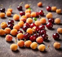 ai gerado cerejas e doce cerejas em uma de madeira fundo. seletivo foco. foto