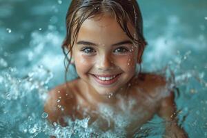 ai gerado uma bonita pequeno menina é natação dentro a piscina foto