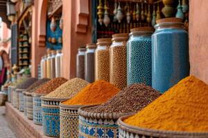 ai gerado uma colorida e característica bazar do perfumado especiarias. Marrocos, marrakech foto