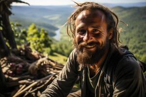 ai gerado retrato do uma alegre viajante contra a fundo do natureza foto