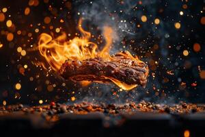 ai gerado uma forte bife em fogo, chiando em uma quente grade foto