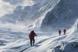 ai gerado uma grupo do alpinistas sobe para a topo do uma coberto de neve montanha. a conceito do uma viagem foto