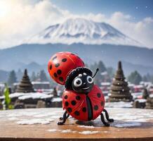 ai gerado joaninha e Monte Fuji com neve fundo, Japão. foto