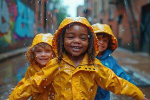 ai gerado três crianças dentro colorida roupas tendo Diversão enquanto isto chuvas lado de fora foto