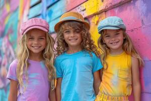 ai gerado três alegre amigas dentro colorida roupas, tendo Diversão em verão período de férias lado de fora foto