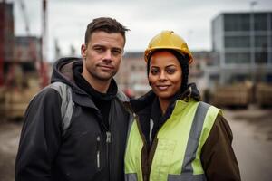 ai gerado retrato do dois profissional engenheiros ou técnicos em pé dentro a fundo do uma construção local foto