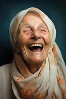 ai gerado retrato do uma alegre idosos mulher em uma Preto fundo foto