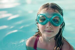 ai gerado uma bonita pequeno menina com óculos é natação dentro a piscina foto