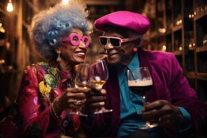 ai gerado uma alegre idosos casal, uma homem e uma mulher, beber vinho dentro seus vinho porão foto