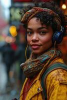 ai gerado fechar-se retrato do a afro-americano mulher vestindo fones de ouvido em uma cidade rua foto