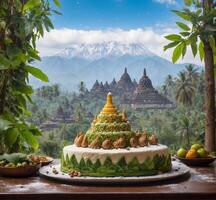 ai gerado tradicional balinesa Casamento bolo em a fundo do a montanhas. Bali, Indonésia foto