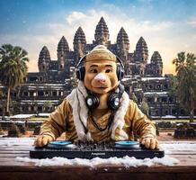 ai gerado dj mascote personagem jogando música dentro frente do Angkor o que, Camboja foto