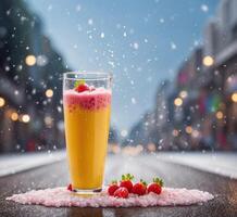 ai gerado manga batido com gelo e fresco bagas em cidade fundo. foto