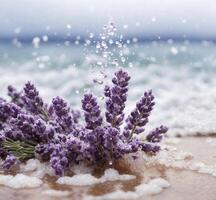 ai gerado lavanda flores dentro a neve em a fundo do a mar foto