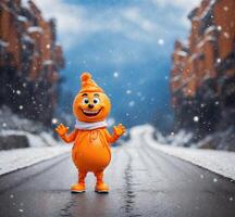 ai gerado engraçado laranja mascote personagem caminhando em a estrada dentro inverno foto