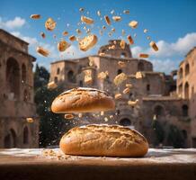 ai gerado vôo pão em de madeira mesa dentro frente do Coliseu, Roma, Itália foto