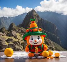 ai gerado laranja mascote com limões e laranjas dentro a fundo do a antigo inca cidade do Machu picchu foto