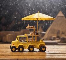 ai gerado amarelo brinquedo carro com a guarda-chuva em uma de madeira mesa dentro a chuva foto